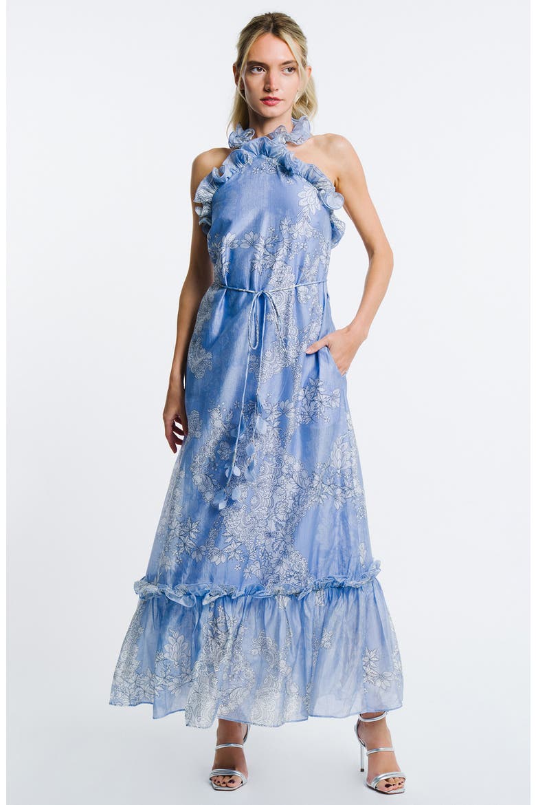 Bronya Placed Floral Halter Neck Maxi Dress, Alternate, color, BLUE MULTI