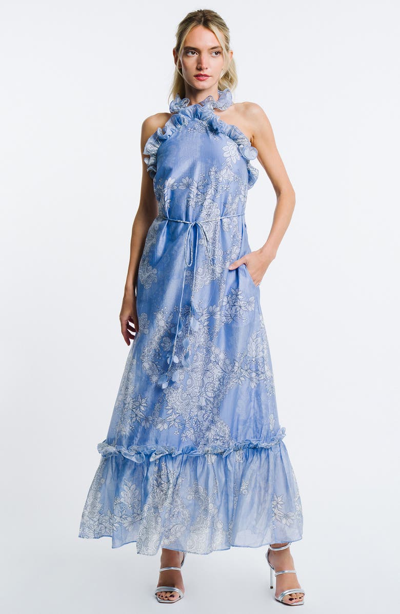 CIEBON Bronya Placed Floral Halter Neck Maxi Dress, Alternate, color, Blue Multi