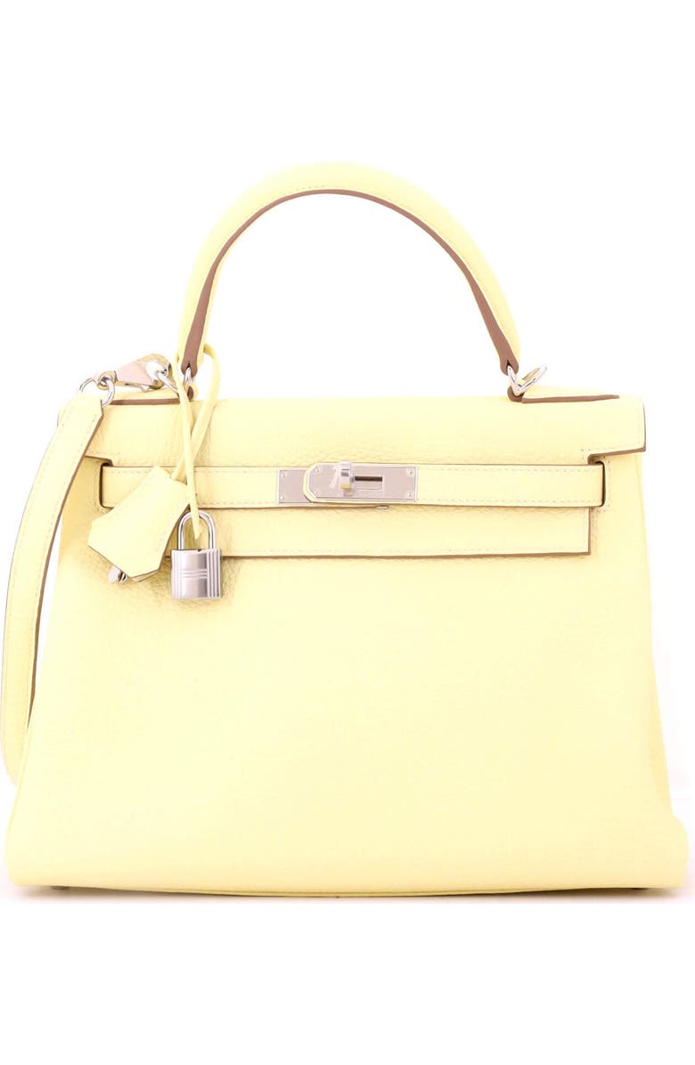 Pre-Owned Hermes Kelly Handbag Yellow Clemence with Palladium Hardware 28, Main, color, Jaune Poussin