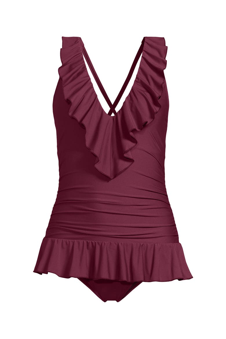 Ruffle Plunge Skirted High Leg One Piece, Alternate, color, Burgundy Spritz
