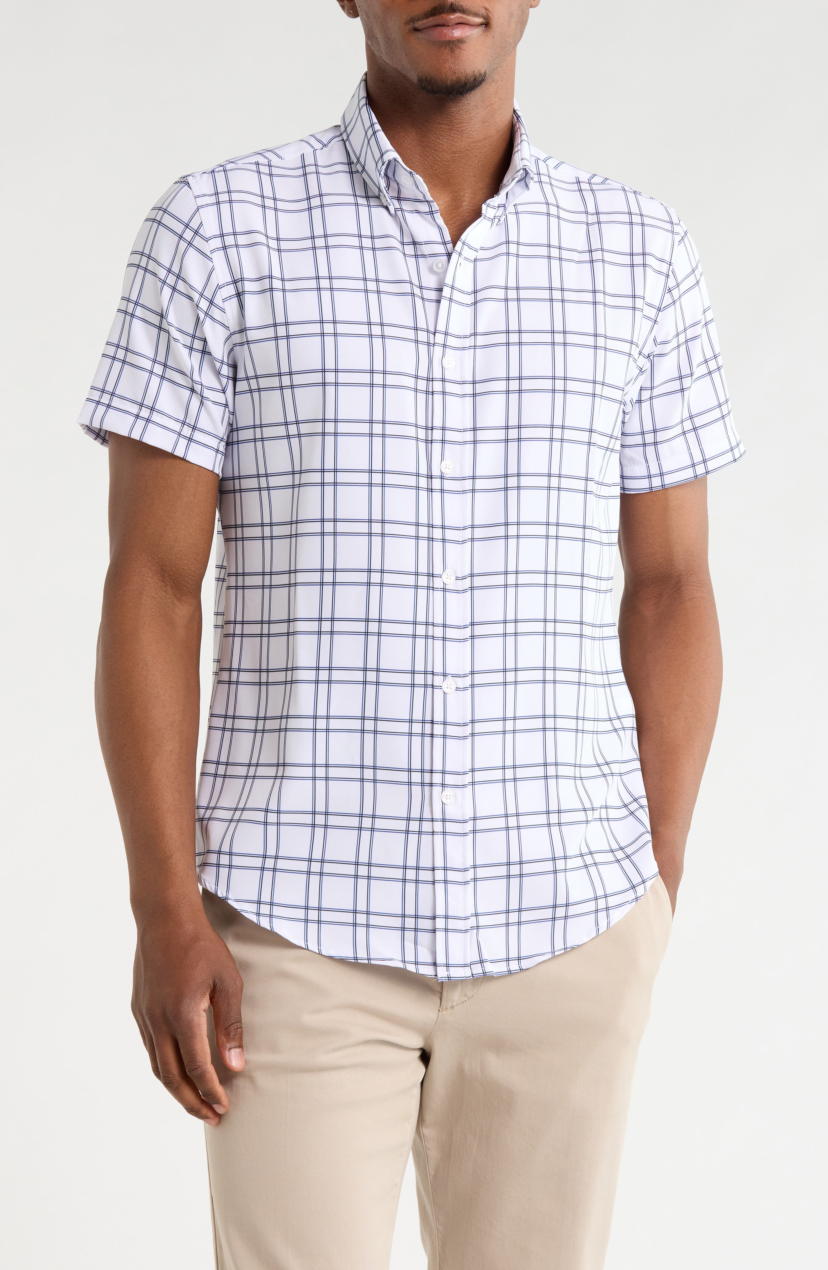 DENIM AND FLOWER Windowpane Plaid Short Sleeve Stretch Button-Down Shirt