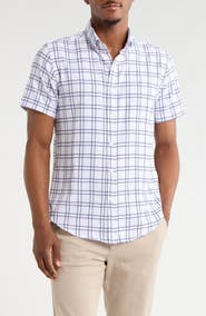 DENIM AND FLOWER Windowpane Plaid Short Sleeve Stretch Button-Down Shirt