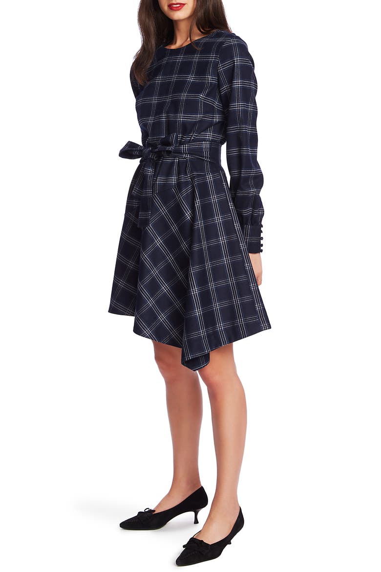 Soft Plaid Asymmetrical Hem Long Sleeve Dress, Alternate, color, BLUE NIGHT