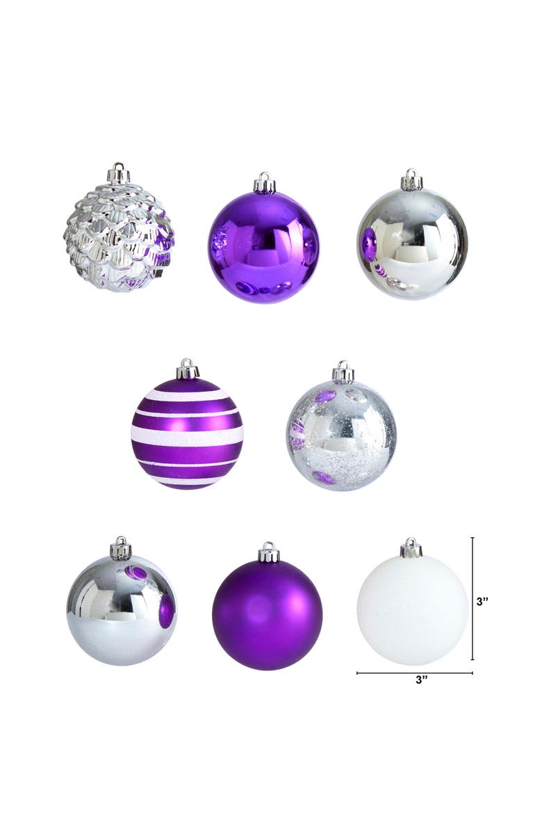 NEARLY NATURAL Holiday Shatterproof, Purple, 64 Count Christmas Tree Ornament Set, 80mm, Alternate, color, Purple