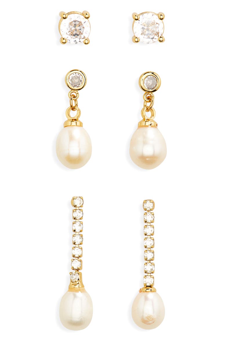 Set of 3 Assorted Cubic Zirconia & Freshwater Pearl Earrings, Main, color, CLEAR- WHITE- GOLD
