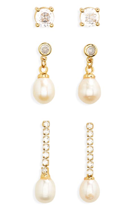 Set of 3 Assorted Cubic Zirconia & Freshwater Pearl Earrings