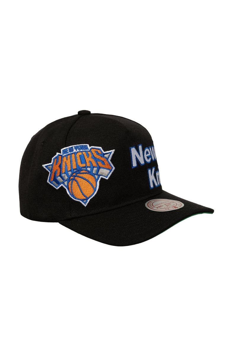 Mitchell 
Ness Men
s Mitchell 
Ness  Black New York Knicks Busted Logo Wordmark Wrap-Around Pro Pinch Adjustable Hat, Alternate, color, Black