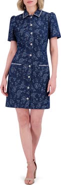Eliza J Floral Jacquard Bead Detail Denim Shirtdress