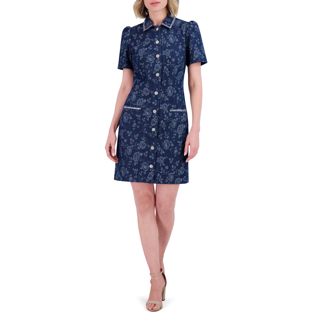 ELIZA J ELIZA J FLORAL JACQUARD BEAD DETAIL DENIM SHIRTDRESS