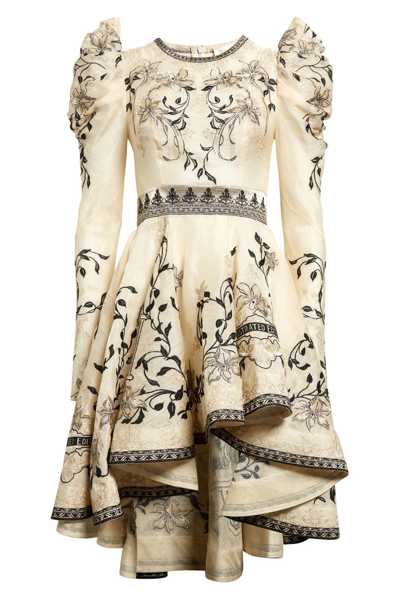 Lyrical Embroidery Long Sleeve High-Low Dress, Alternate, color, BOOK COVER GOLD/ CREAM