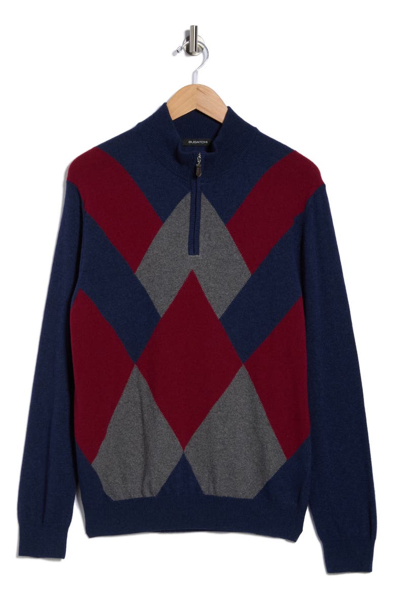 Bugatchi Argyle Quarter Zip Sweater, Alternate, color, Navy
