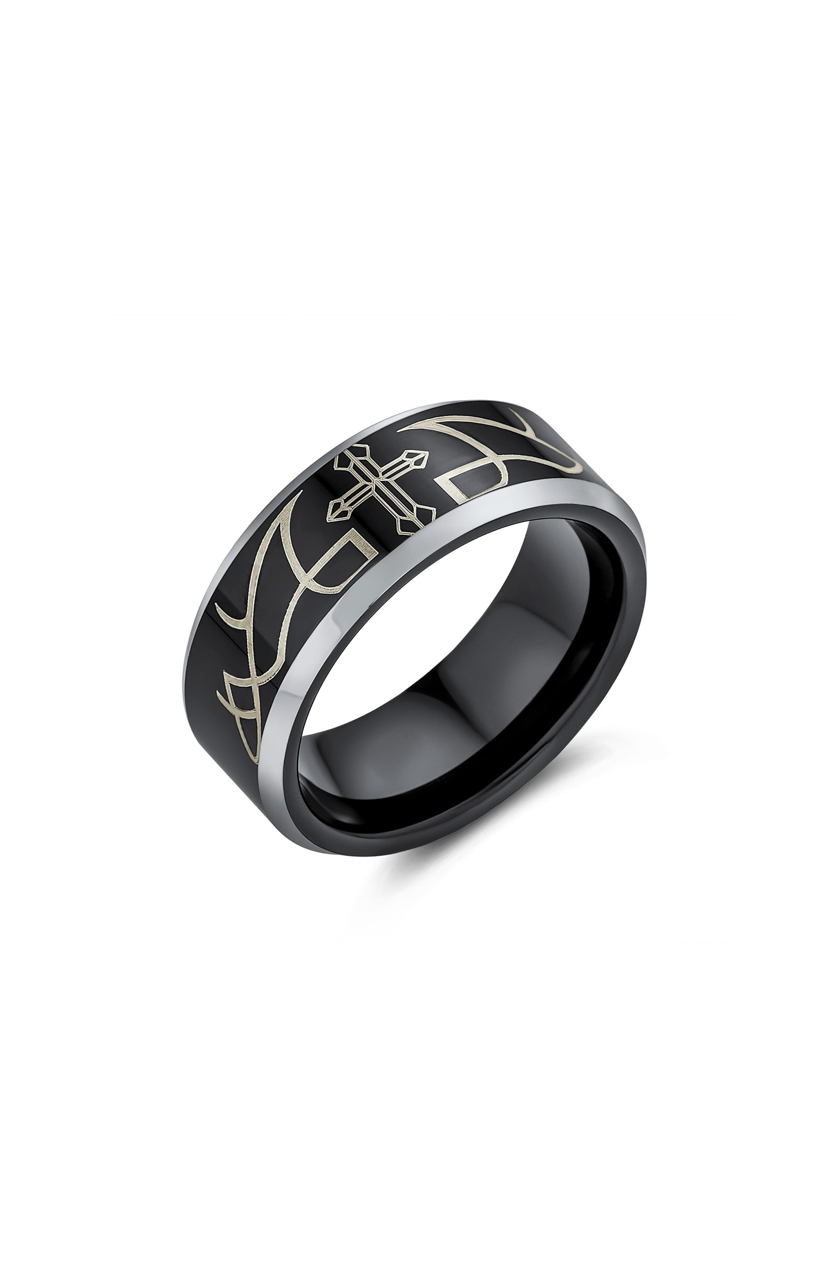 BLING JEWELRY Men's Laser Etched Black Titanium Cross Ring