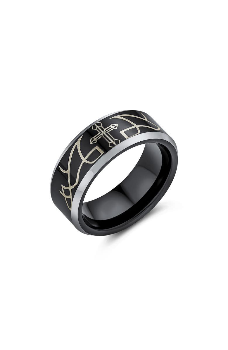 BLING JEWELRY Men's Laser Etched Black Titanium Cross Ring, Main, color, Black
