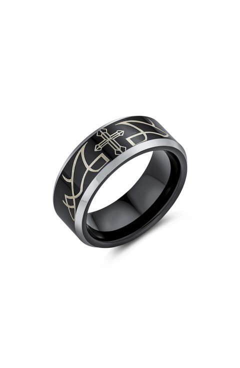 Men's Laser Etched Black Titanium Cross Ring