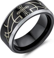 BLING JEWELRY Men's Laser Etched Black Titanium Cross Ring