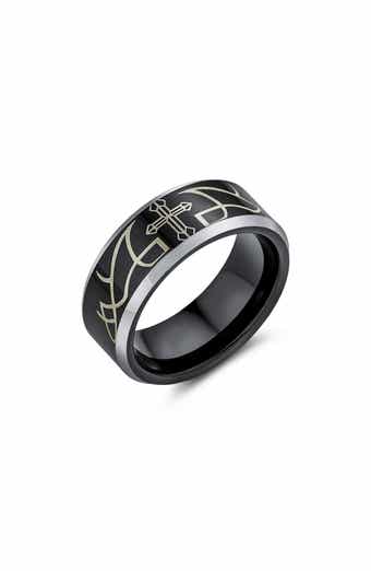 BLING JEWELRY Men's Laser Etched Black Titanium Cross Ring