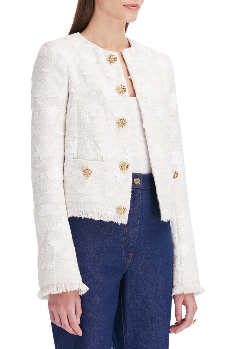 Oscar de la Renta Gardenia Appliqué Tweed Jacket, Alternate, color,