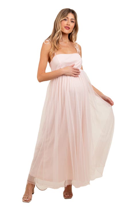 Square Neck Shoulder Tie Tulle Maxi Dress