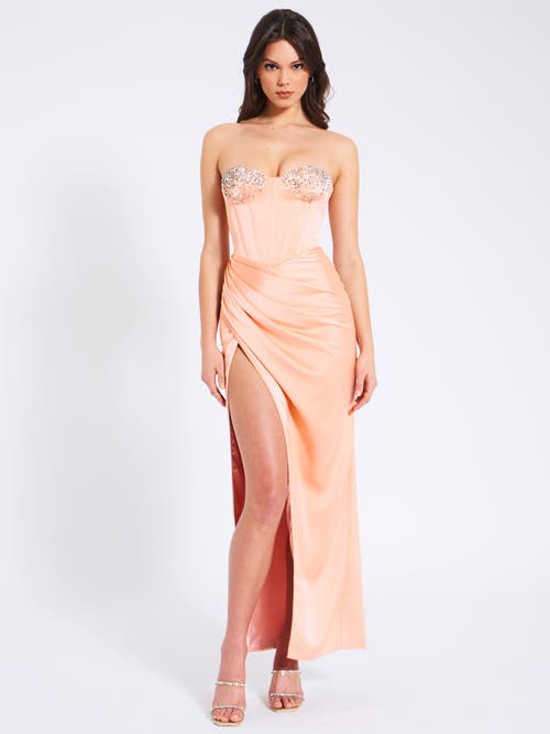 Miss Circle Women Amelia Blush Satin Corset Slit Gown With Crystal Embellished In Pattern