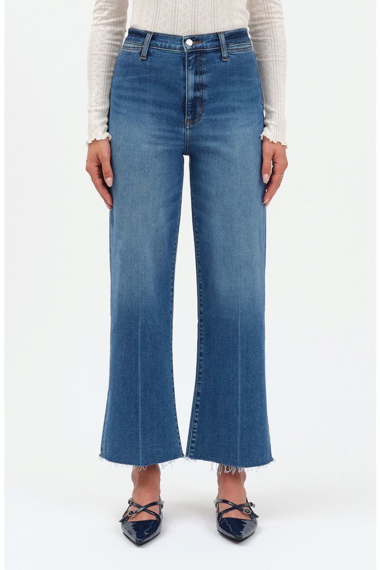 Pleaser High Waist Raw Hem Crop Jeans, Main, color, INDIGO WAVE