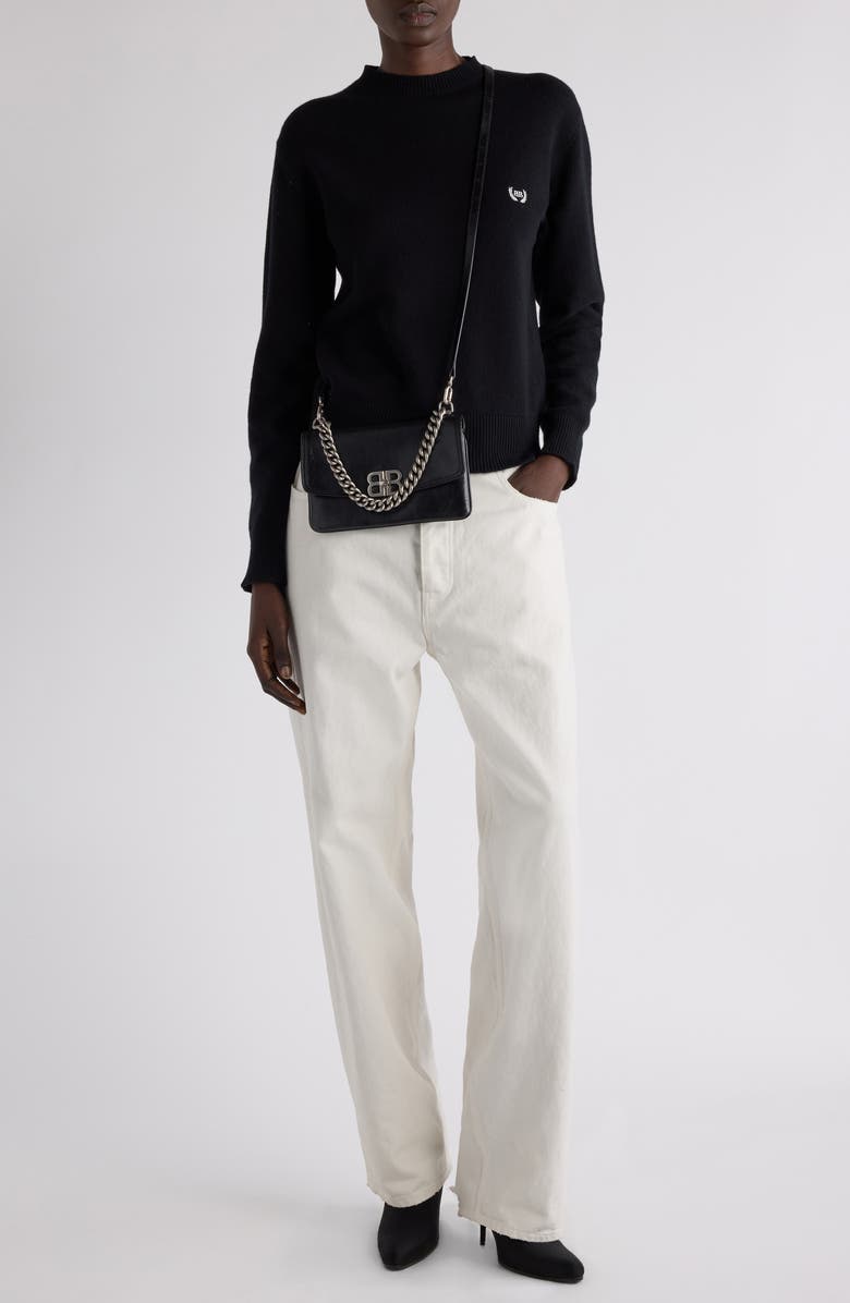 Balenciaga Logo Embroidered Wool Sweater, Alternate, color, 1000 Black