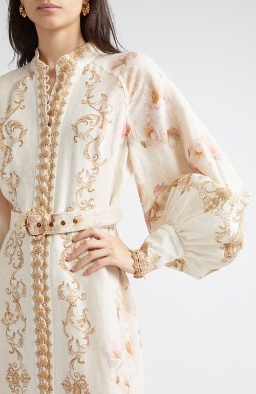 Zimmermann Womens Cream Peony Printed Silk-belt Buttoned Linen Midi Dress Xxs In Neutral