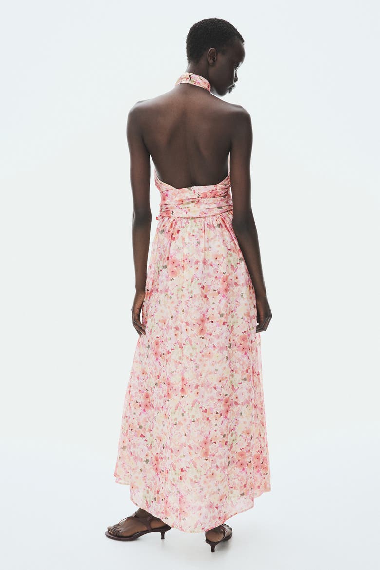 Tie-detail Halterneck Dress, Alternate, color, Peach pink/floral