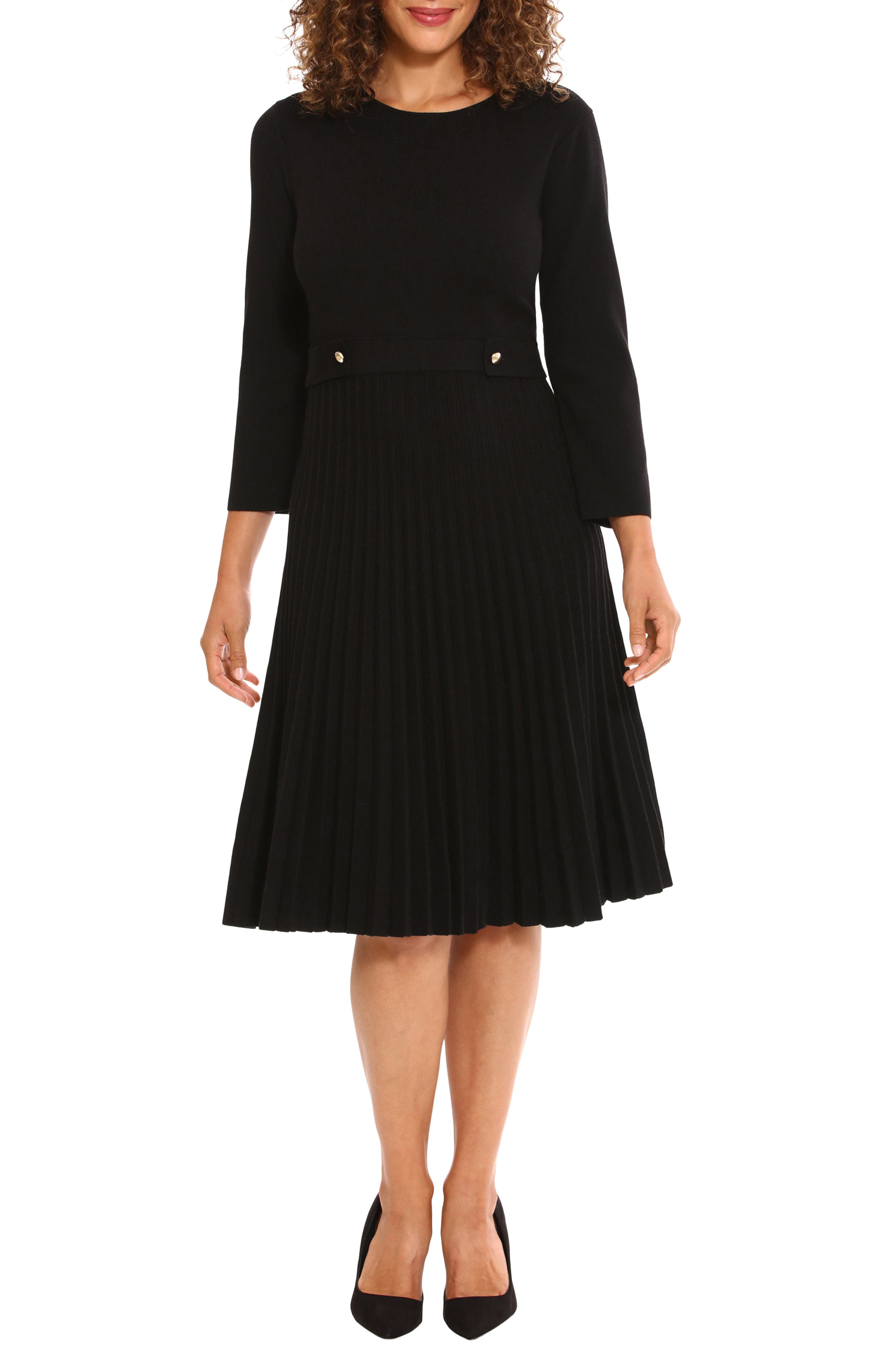 London Times Long Sleeve Pleated Flare Skirt Dress