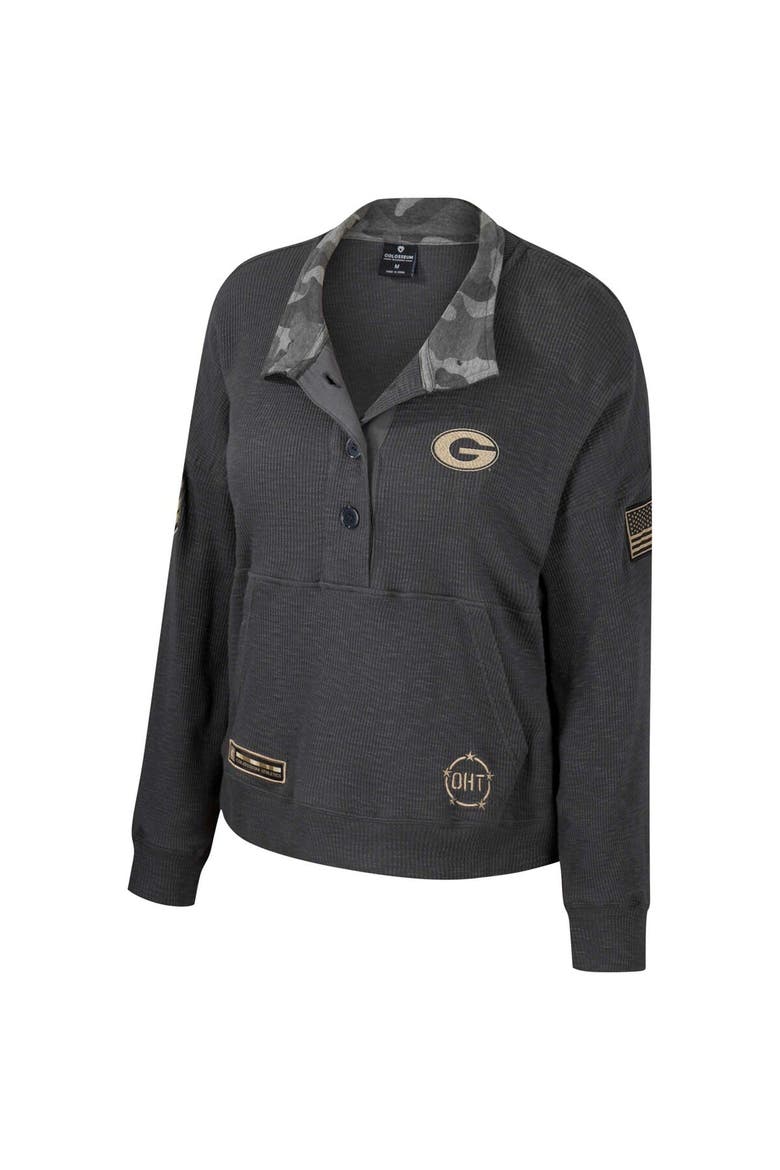 Women's Colosseum  Heather Charcoal Georgia Bulldogs OHT Military Appreciation Payback Henley Thermal Sweatshirt, Alternate, color, Heather Charcoal