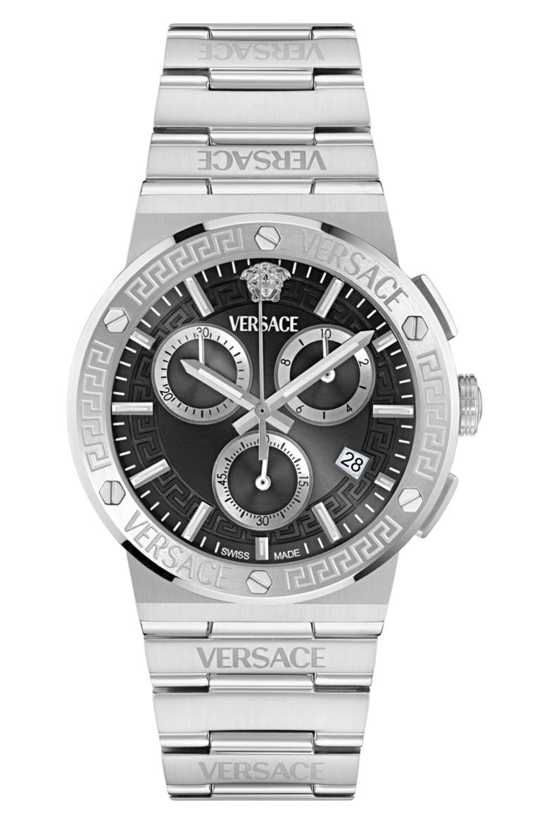 Greca Logo Chronograph Bracelet Watch, 40mm, Main, color, STAINLESS STEEL