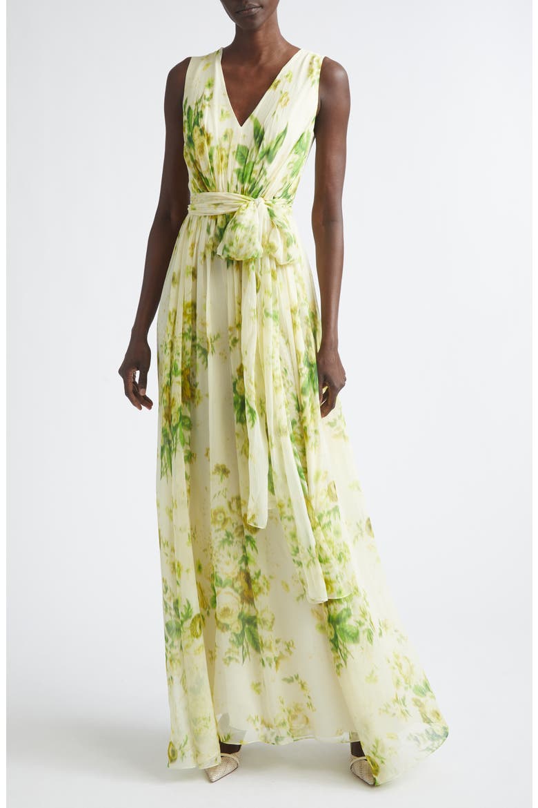 Floral Print Belted Silk Creponne Gown, Main, color, ROSE BOUQUET LEMONGRASS