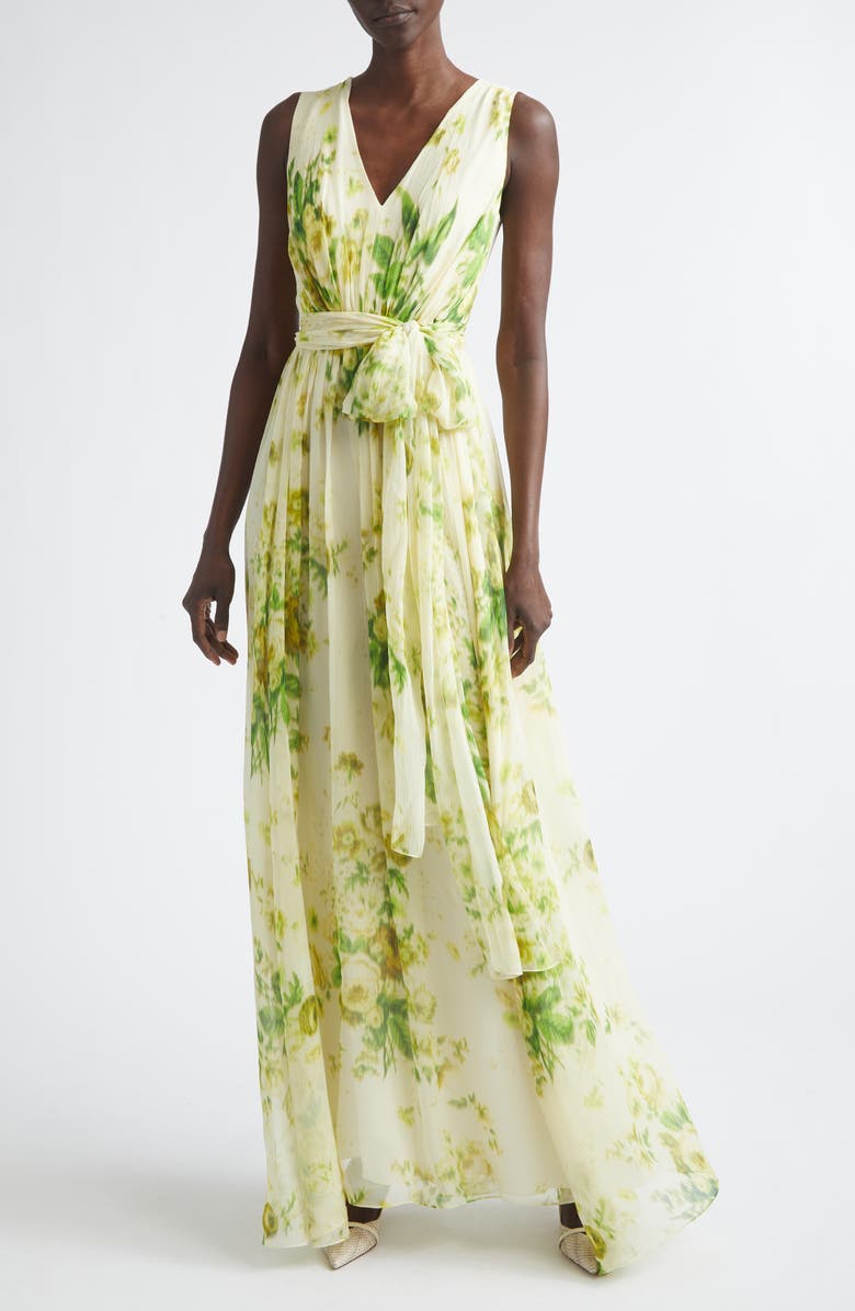 Erdem Floral Print Belted Silk Creponne Gown, Main, color, Rose Bouquet Lemongrass