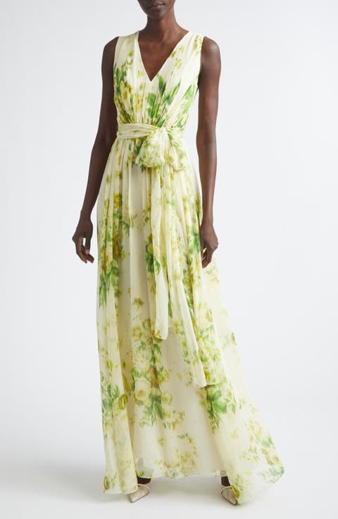 Floral Print Belted Silk Creponne Gown