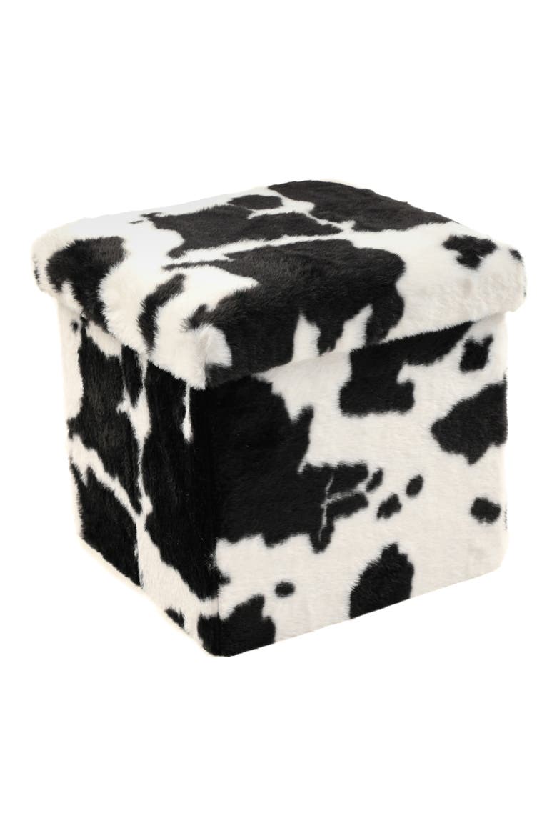 Small Cube Faux Fur Hide Stash Pouf, Main, color, BLACK/ WHITE
