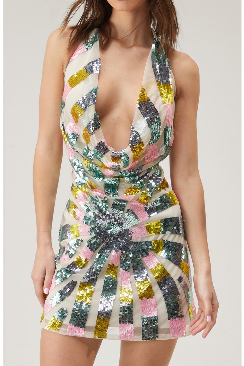 Tie Dye Sequin Palm Plunge Halter Minidress, Alternate, color, WHITE