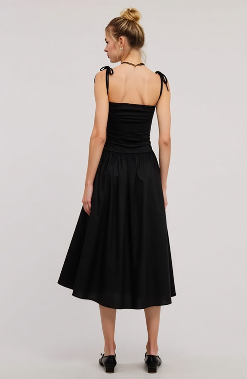 Modenaire Ruched Bodice Midi Dress With Tie Straps And Gathered Skirt In Black