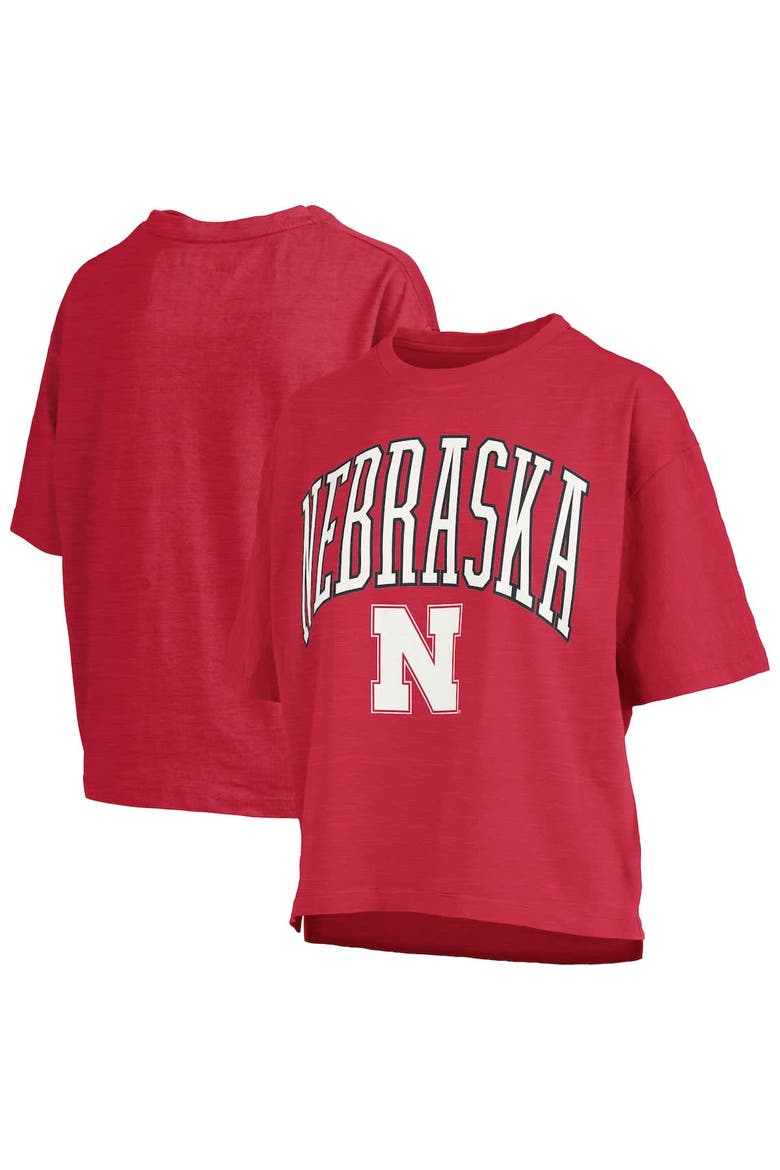 Women's Pressbox Scarlet Nebraska Huskers Nelson Arch Over Logo Waist Length Oversized Slub T-Shirt, Main, color, Scarlet