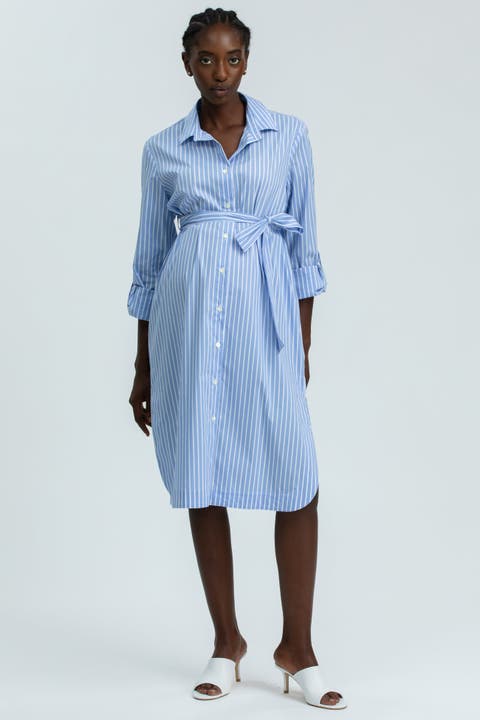 Bianca Striped Maternity and Nursing Shirt Dress in Poplin