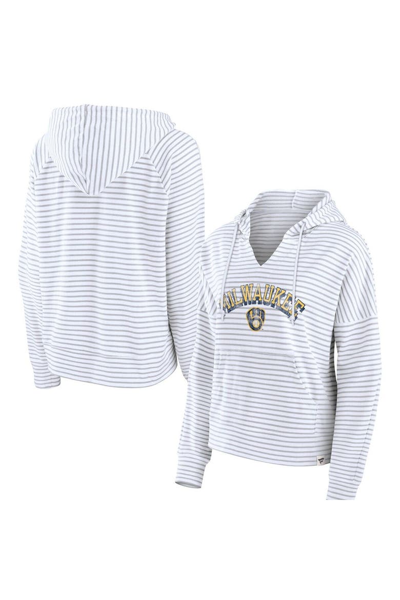 Women's Fanatics Branded White Milwaukee Brewers Striped Arch Pullover Hoodie, Main, color, White