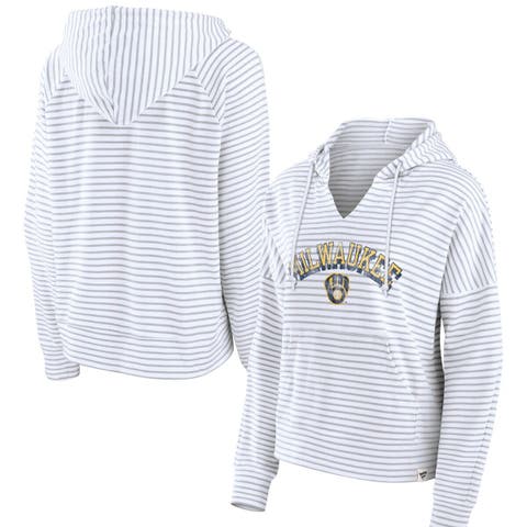 Women's Fanatics Branded White Milwaukee Brewers Striped Arch Pullover Hoodie