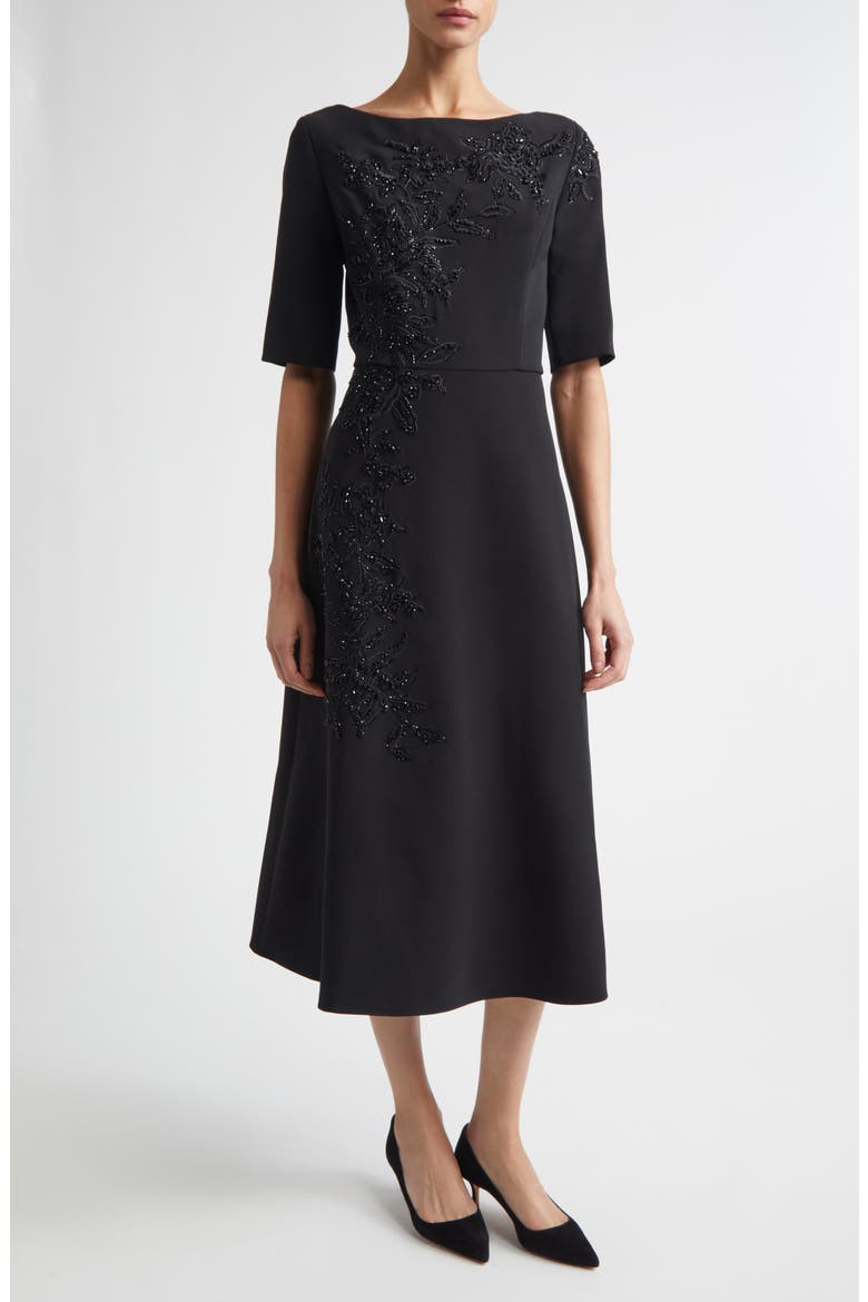 Embroidered Bateau Neck Midi Dress, Main, color, BLACK