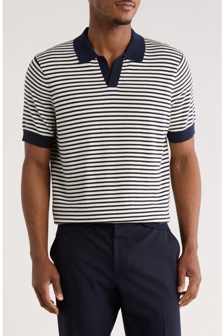 Short Sleeve Johnny Collar Knit Top, Main, color, NAVY- IVORY EVAN STRIPE