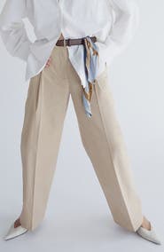 MANGO Pleated High Waist Straight Leg Cotton Pants