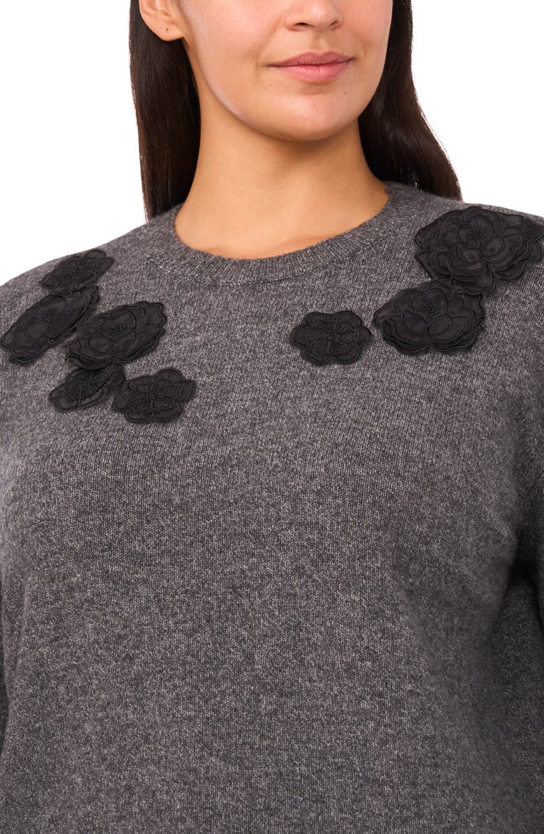 CeCe Floral Appliqué Crewneck Sweater, Alternate, color, Medium Heather Grey