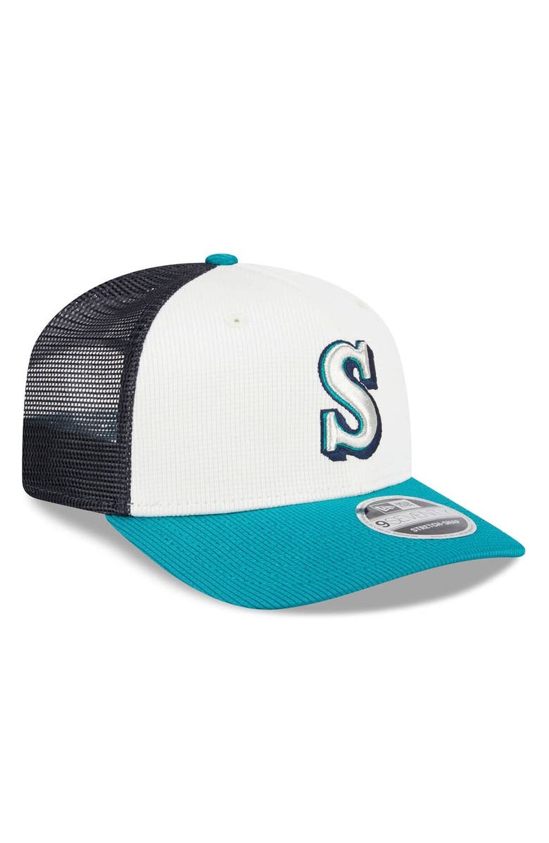 New Era Men's New Era  White/Aqua Seattle Mariners 2025 Batting Practice 9SEVENTY Stretch-Snap Trucker Hat, Alternate, color, 