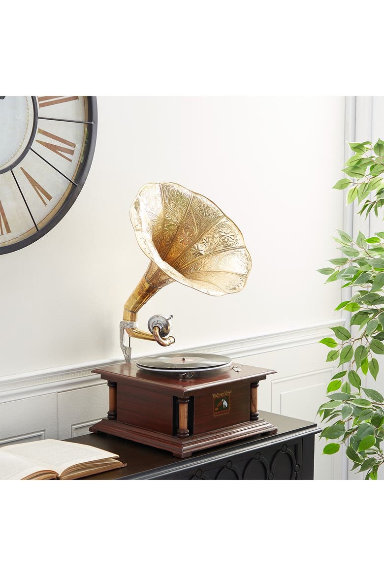 Brown Wood & Metal Vintage Gramophone, Alternate, color, BROWN