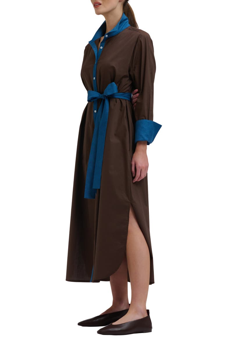 Denim Trimmed Cotton Shirtdress, Alternate, color, CHOCOLATE