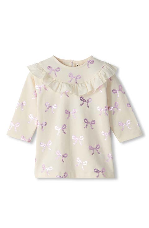 Kids' Foil Bows Ruffle Long Sleeve Cotton Blend Dress