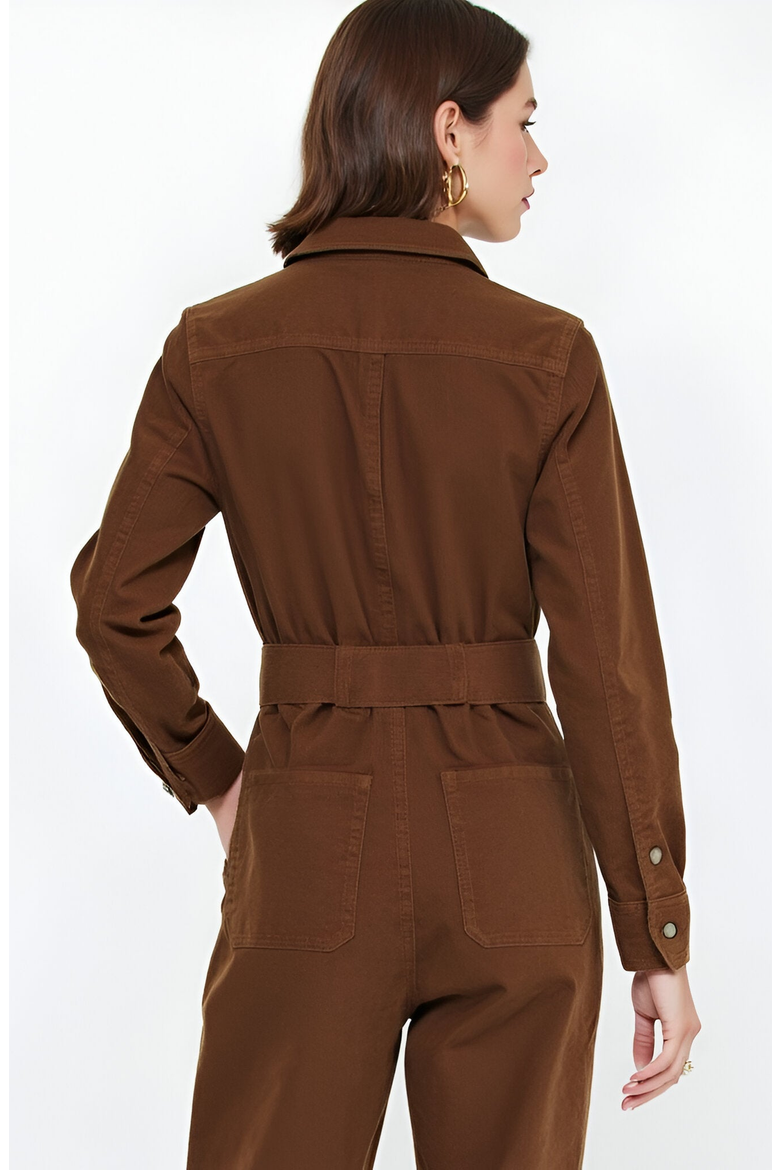 Ribbed Long-Sleeve Jumpsuit with Patch Pockets, Alternate, color, Brown