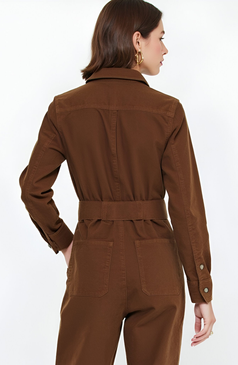 Modenaire Ribbed Long-Sleeve Jumpsuit with Patch Pockets, Alternate, color, Brown